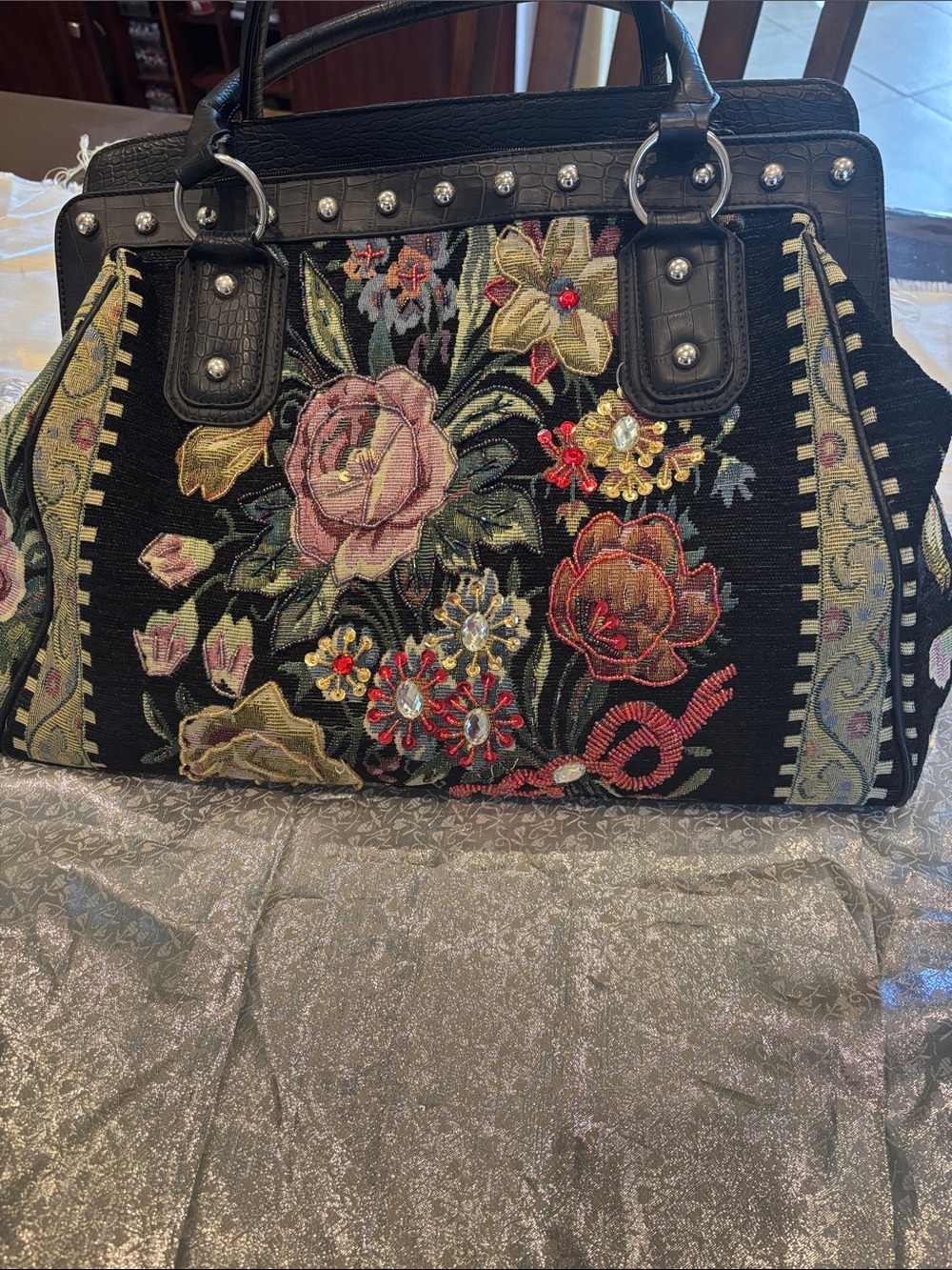 Black Floral Embroidered Satchel Handbag with Jewel Accents
